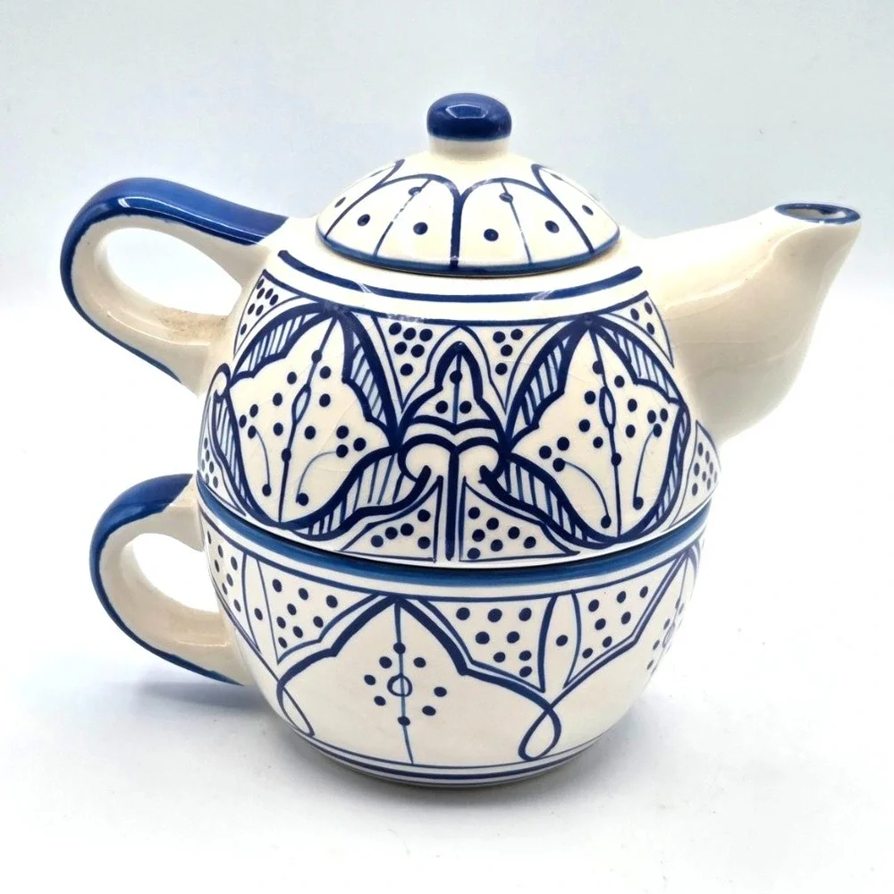 VINTAGE Moroccan Inspired TeaPot Tea For One 3 Piece Blue & White‎ - Thailand